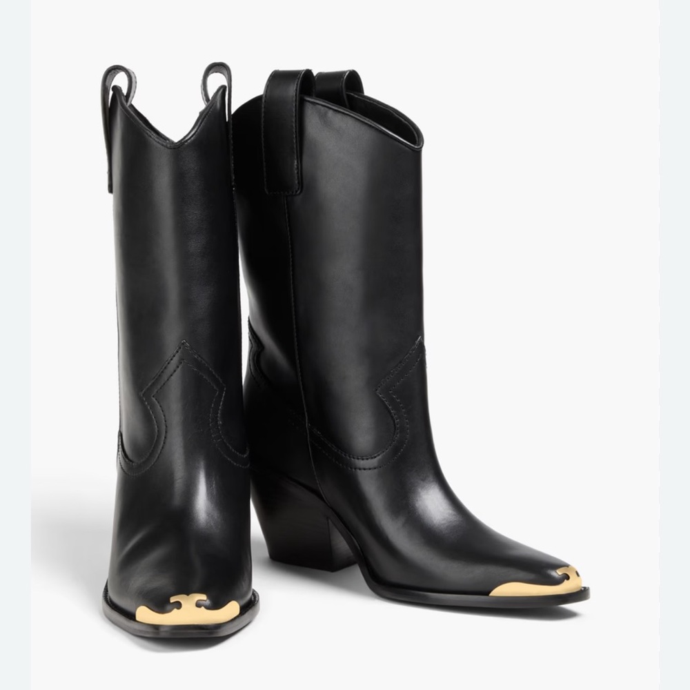 Tory Burch Western mid Black and Gold Heeled Boots Like New size 8